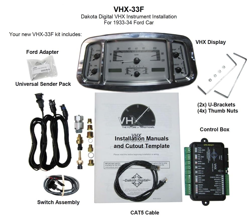 Dakota Digital VHX-33F-S-R Gauge System Analog Dash Compatible with Ford Car 1933-34, Silver Alloy Style, Red Backlighting