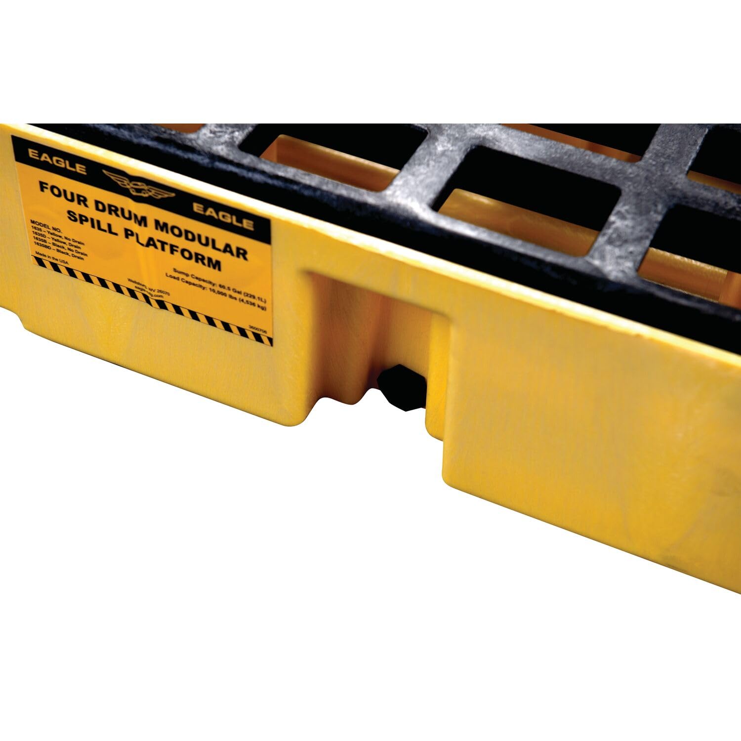 4 Drum Eagle Square Spill Platform with Drain and Forklift Pockets, 51.5"x51.5"x6.5", 60.5 Gallon Sump, 10,000 lbs. Load Capacity Containment Tray, Made in USA, Yellow, 1635D