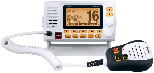 Marine VHF Radio Uniden UM725G, All USA, Canada, and Intl. Marine Channels, 1Watt/25Watt Transmit Power, Largest LCD Screen in Class, NOAA Weather Channels w/Alerts, Speaker Mic, GPS Built-in.