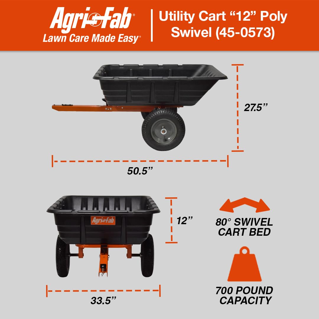 Tow Behind Agri-Fab 45-0573 700 lbs Poly Dump/Swivel Cart; Lawn & Garden Trailer for Lawn Mowers, 16" Pneumatics Tires, Easy to Use Foot Dumping Mechanism