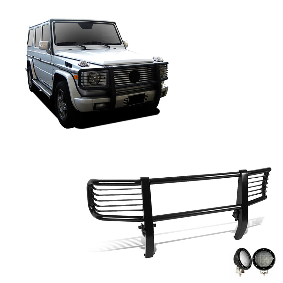 Bumper Guard Black Horse Grille Brush Modular Black Come with Pair of 5.3" LED Lights with Black Trim Rings Compatible with 2003-2010 Mercedes-Benz G55 AMG|1999-2010 Mercedes-Benz G500-PGBZA008A-PLFB