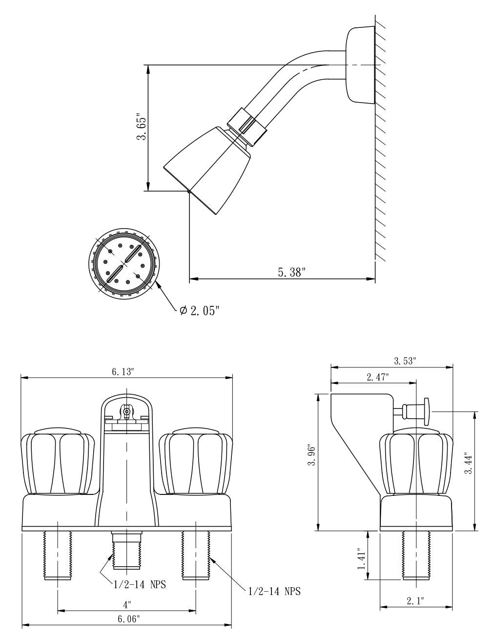 Dura Faucet Shower Faucet Economical with Diverter, Shower Head with Arm, Crystal Acrylic Knobs (Chrome Polished)