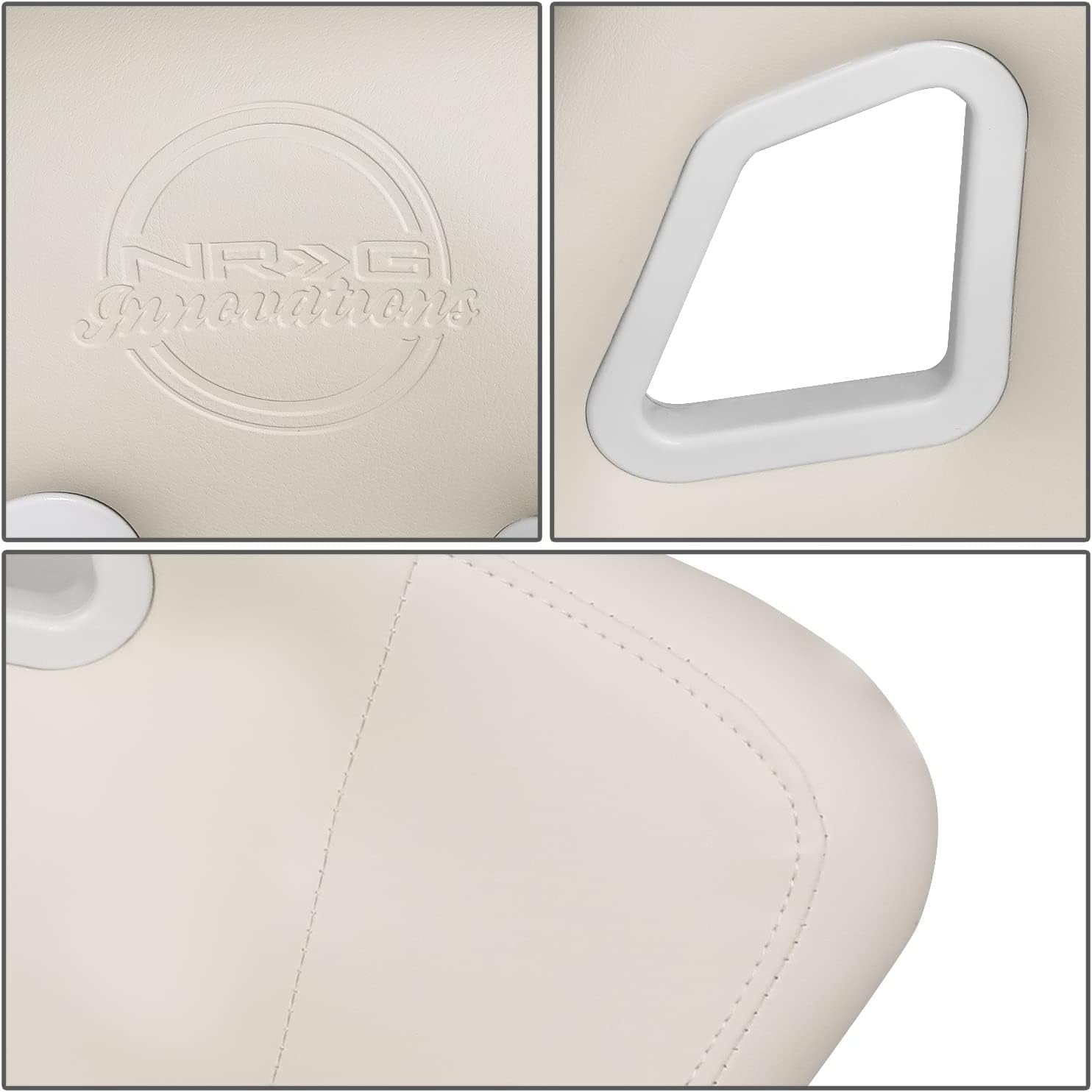 NRG Innovations Universal Vinyl Fixed Back Bucket Racing Seat FRP-302WT-V with Bottom Mount Bracket(Large), White Seat Cover, 21"W X 18" D X 36" H