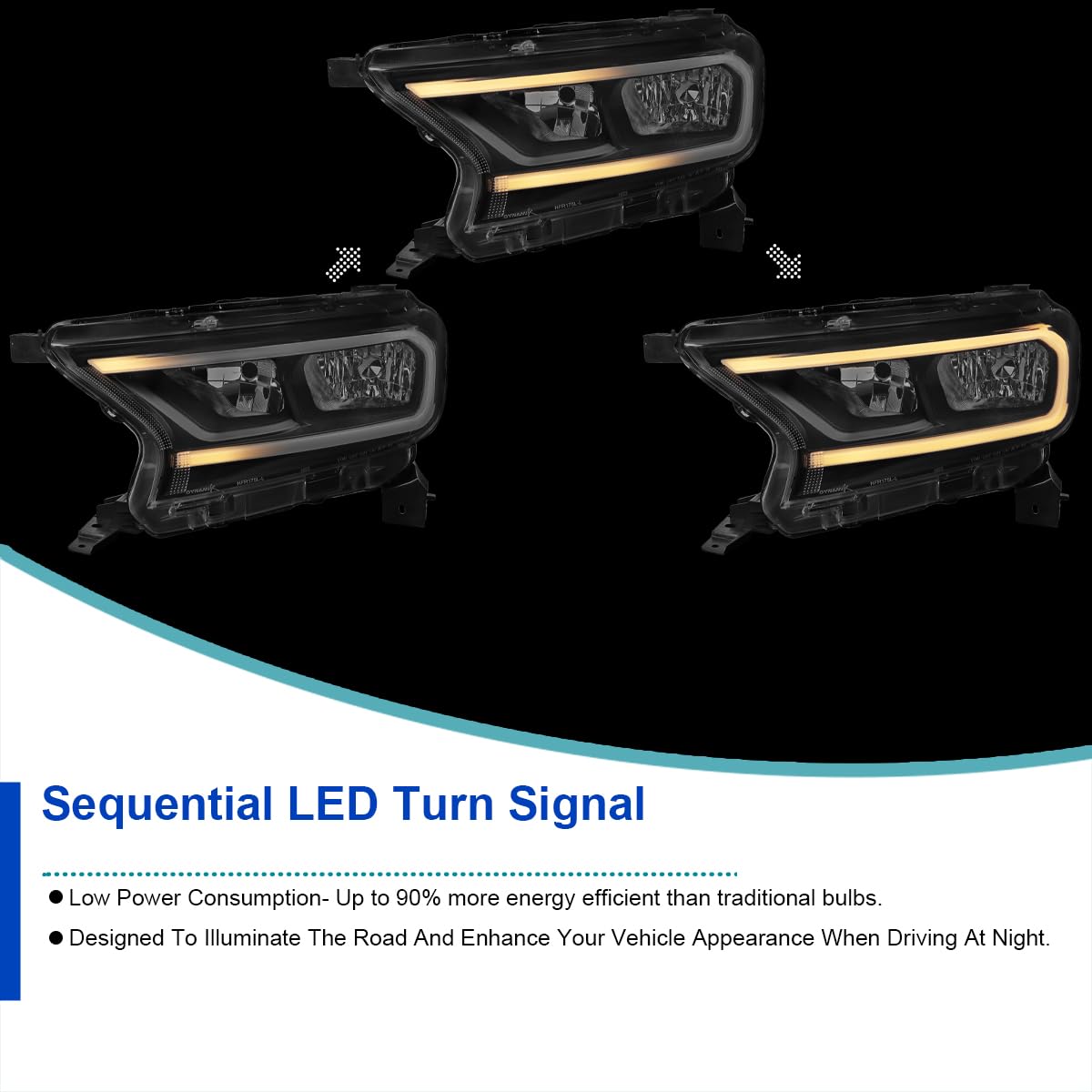 Black LED Strip Headlights SPEC-D TUNING w/Switchback and Sequential Turn Signals Compatible with 2019-2023 Ford Ranger XL/XLT, Left + Right Pair Headlamps Assembly