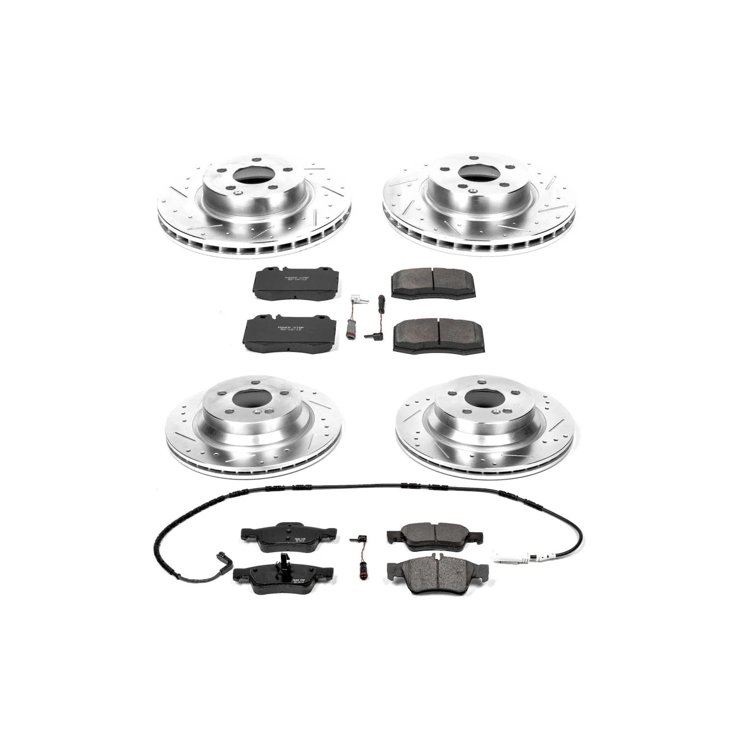 Power Stop K4521 Z23 Carbon Fiber Brake Pads Front and Rear with Drilled & Slotted Brake Rotors Kit and 2 Front & 2 Rear Sensor Wires For Mercedes-Benz E, Mercedes-Benz E500 [Model Specific]