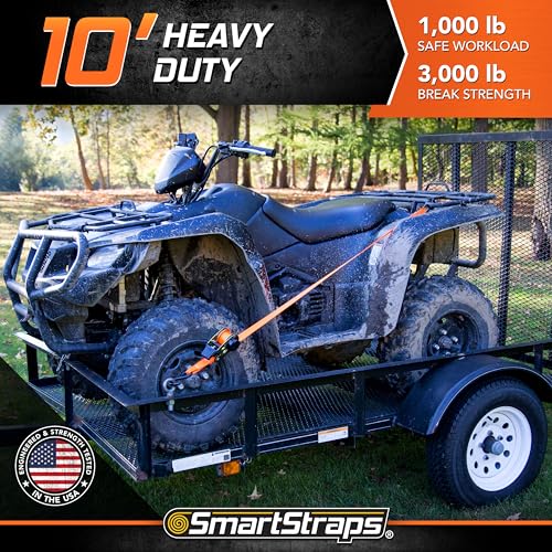10’ SMARTSTRAPS Retractable Ratchet Straps, 2 Pack – 3,000lb Break Strength, 1,000lb Safe Work Load — Haul Motorcycles, Boats, and Appliances with Patented Technology Heavy Duty Ratchet Straps