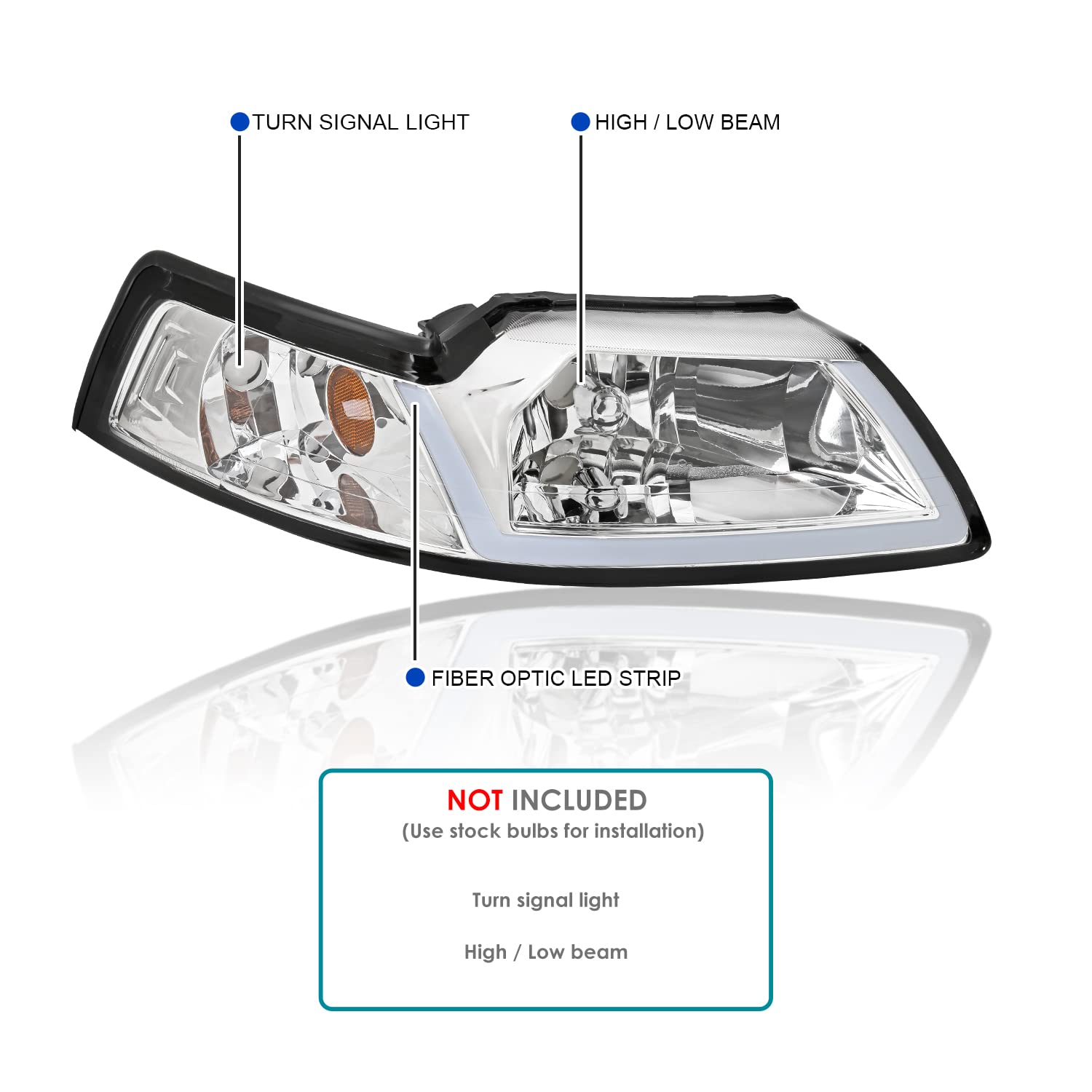 Chrome Headlights with LED Tube Strip SPEC-D TUNING Compatible with 1999-2004 Ford Mustang, Left + Right Pair Headlamp Assembly
