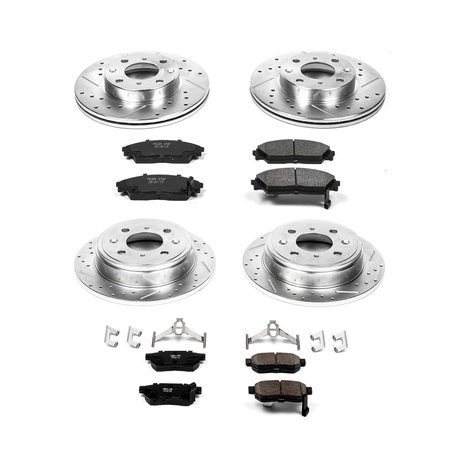 Power Stop K403 Z23 Carbon Fiber Brake Pads Front and Rear with Drilled & Slotted Brake Rotors Kit For Honda CRX 1990-1991 [Model Specific]