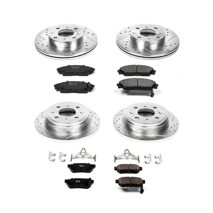 Power Stop K403 Z23 Carbon Fiber Brake Pads Front and Rear with Drilled & Slotted Brake Rotors Kit For Honda CRX 1990-1991 [Model Specific]