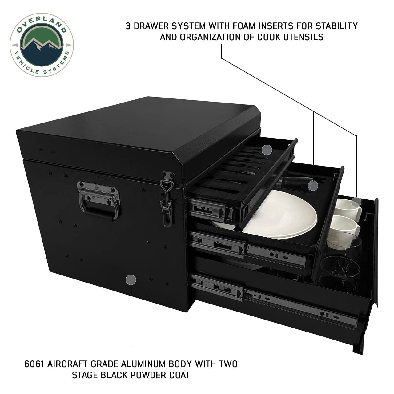 Ultimate Overland Vehicle Systems 39 Piece Utensil Set - Black Powder Coat Universal - 6061 Aircraft-Grade Aluminum Storage Box - Heavy Duty Grab Handles