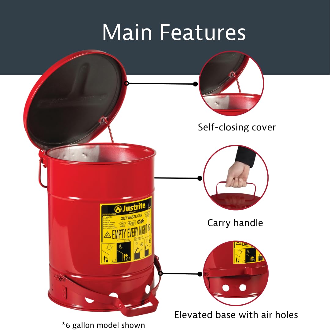 14 Gallon Justrite Galvanized Steel Oily Waste Can, 20" x 16" Metal Oil Rag Safety Can with Foot Operated Self-Closing Lid for Oil Rag Disposal, Made in The USA, Red, 09500