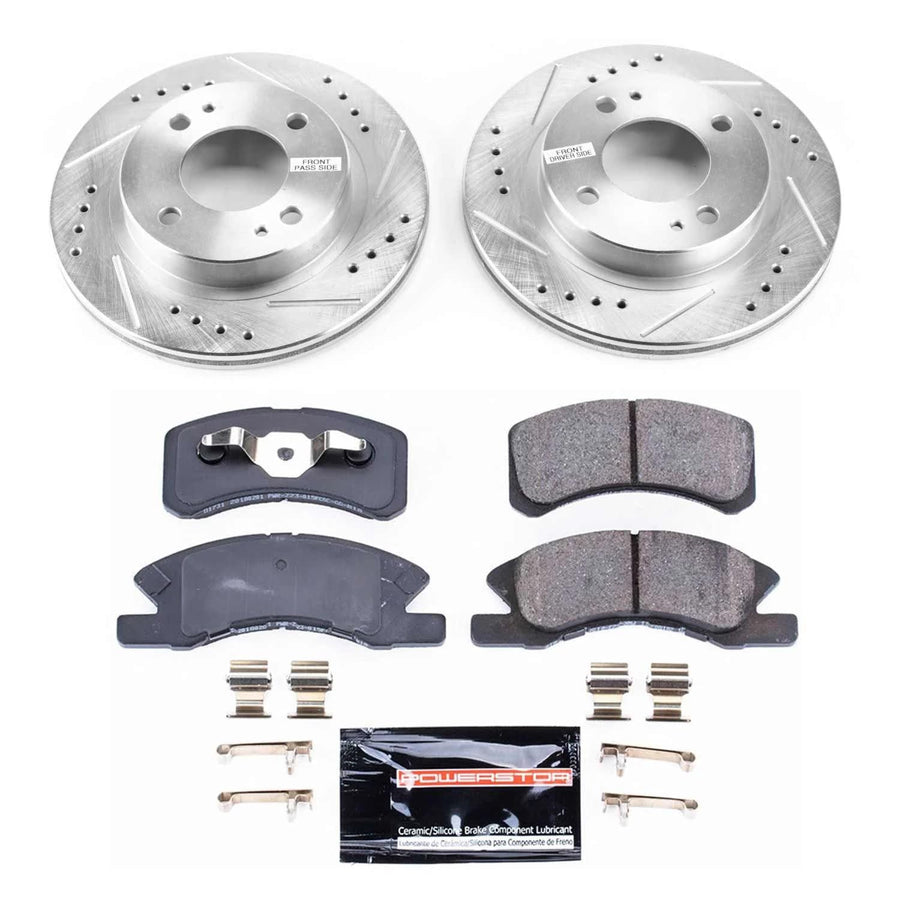 Power Stop K7217 Z23 Carbon Fiber Brake Pads Front with Drilled & Slotted Brake Rotors Kit For Mitsubishi Mirage 2014-2015 [Model Specific]