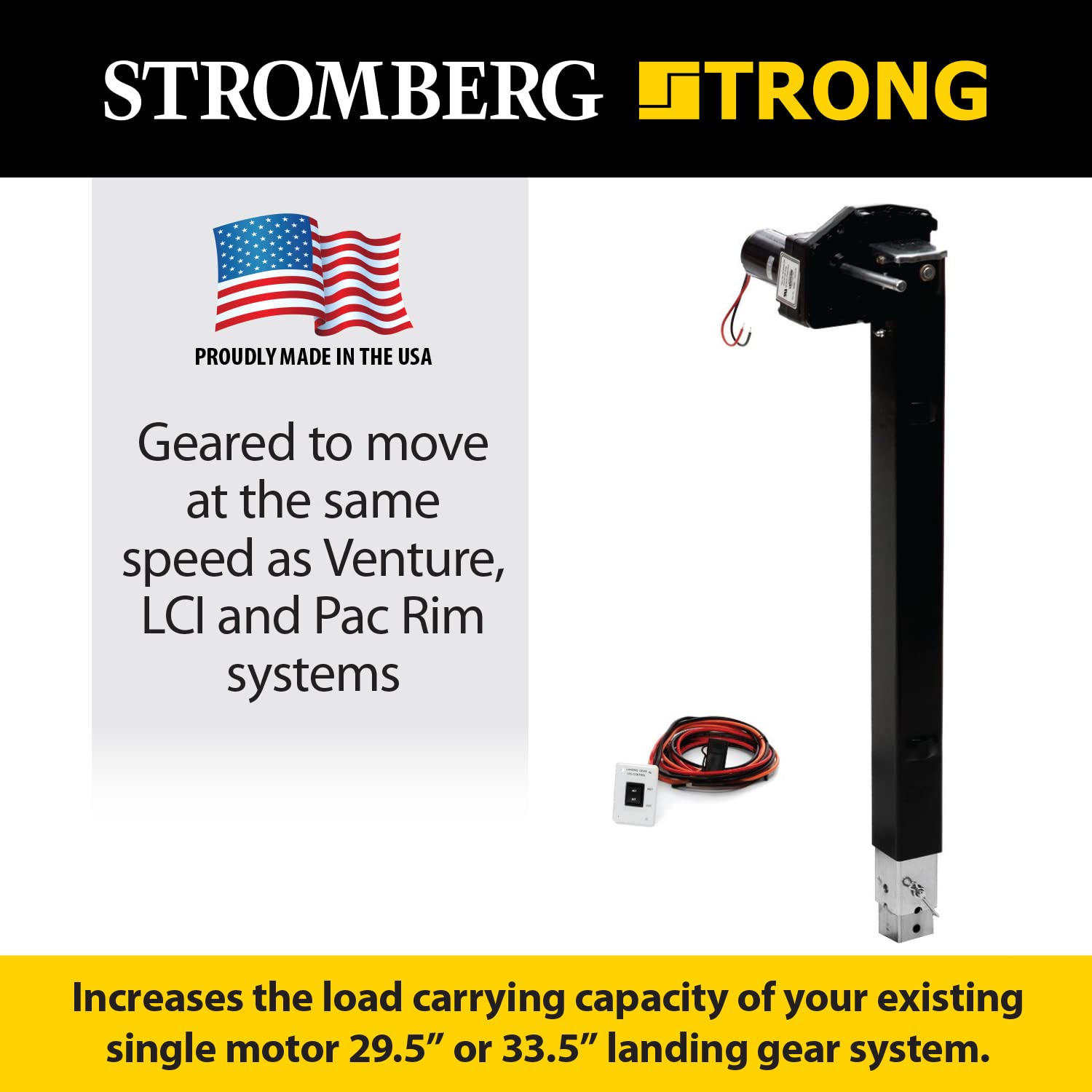 Stromberg Carlson Dual Power LG-6 Conversion Kit - Fifth Wheel RV Landing Gear/Stabilizer Replacement - (1) 33.5″ Lead Leg, 5000 lb Motor, IP Rated Switch, Gear Box and Hardware, 1 Side