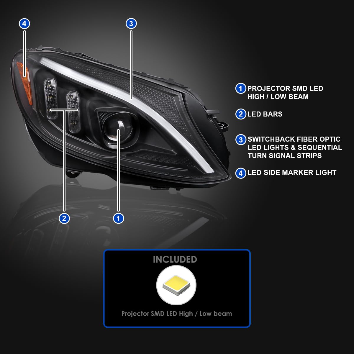 Sequential Signal Tube Full LED Projector Headlights SPEC-D TUNING Compatible with 2015-2018 Mercedes Benz W205 C-Class Left + Right Pair Headlamps Assembly