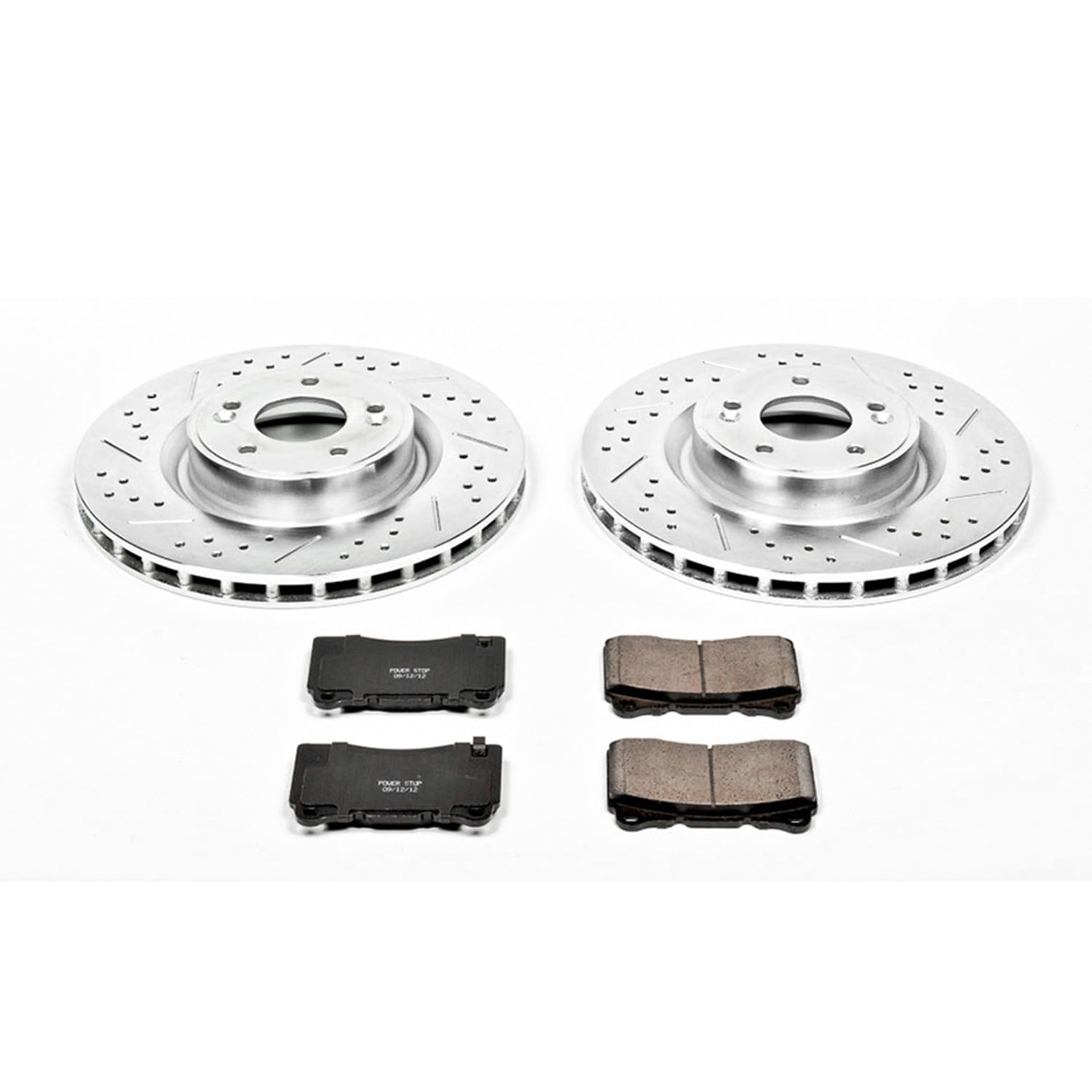 Power Stop K6166 Z23 Carbon Fiber Brake Pads Front with Drilled & Slotted Brake Rotors Kit For Hyundai Genesis Coupe 2010-2016 [Model Specific]