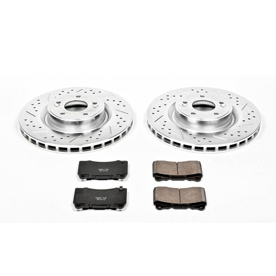 Power Stop K6166 Z23 Carbon Fiber Brake Pads Front with Drilled & Slotted Brake Rotors Kit For Hyundai Genesis Coupe 2010-2016 [Model Specific]