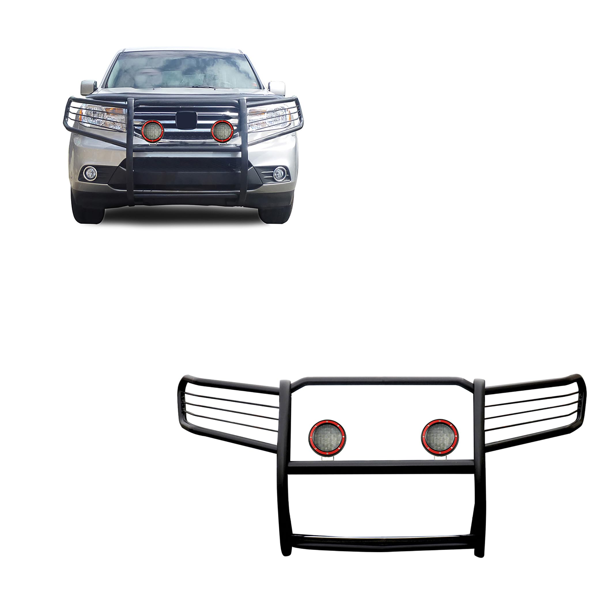 Bumper Guard Black Horse Grille Brush Modular Black Come with Pair of 5.3" Dia.LED Lights with Red Trim Rings Compatible with 2009-2015 Honda Pilot-17H151400MA-PLFR