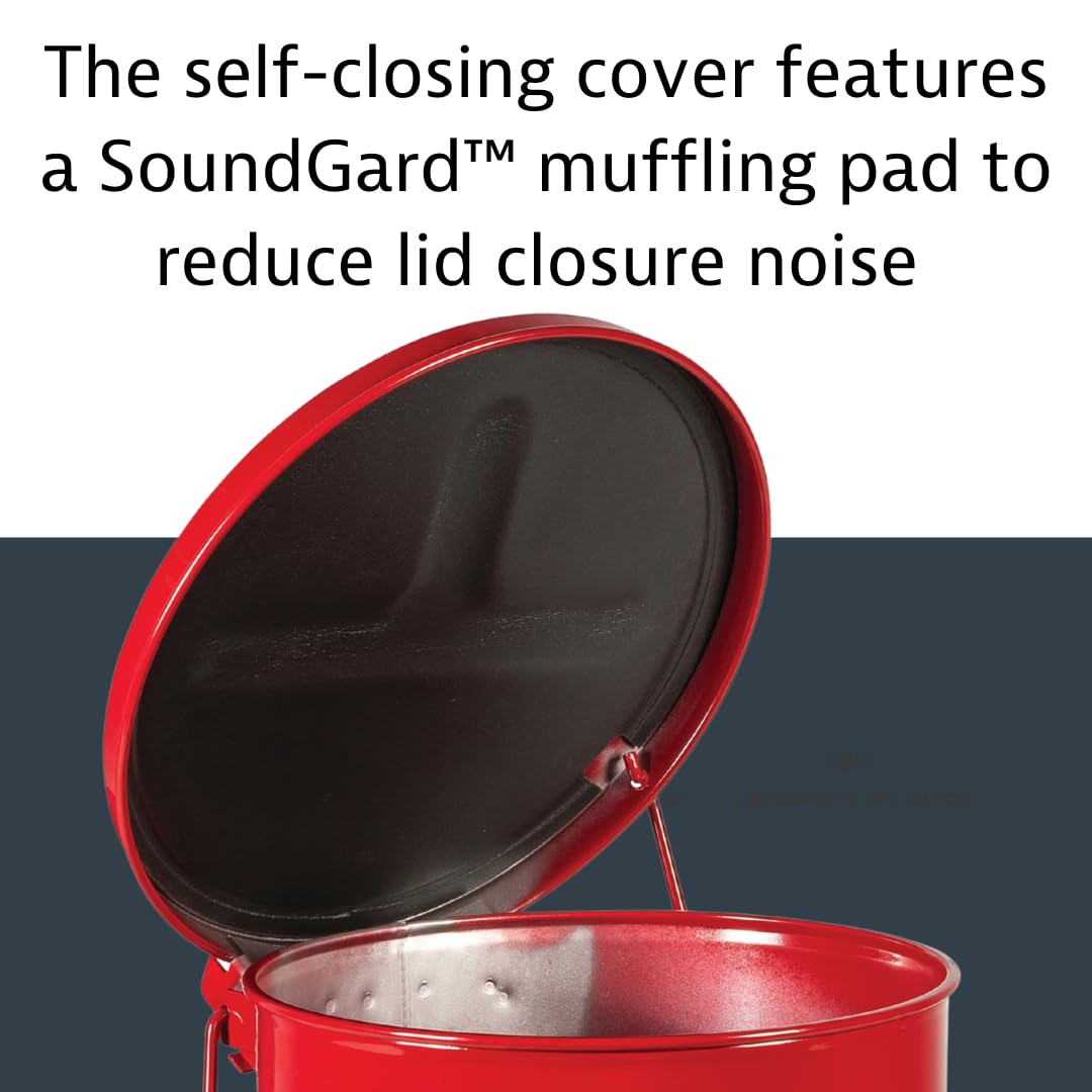 10 Gallon Justrite Galvanized Steel Oily Waste Can, 18" x 14" Metal Oil Rag Safety Can with Quiet Foot Operated Self-Closing Lid for Oil Rag Disposal, Made in The USA, Red, 09308