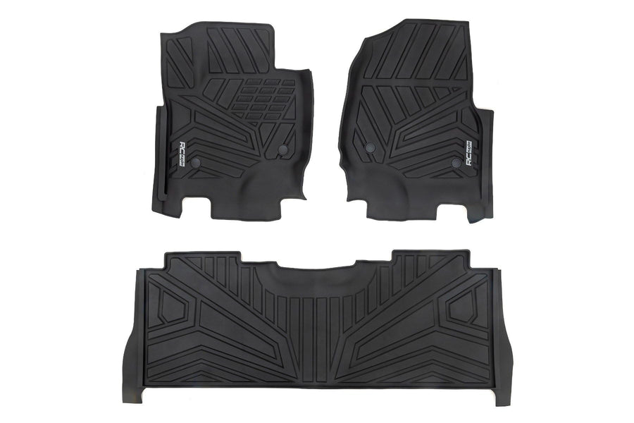 Flex-Fit Rough Country Floor Mats for Ford F-250/350 Super Duty (2017-2025) Crew Cab - Front & Rear Set, Custom All-Weather Non-Slip TPE Liners w/Spill Saver Lip