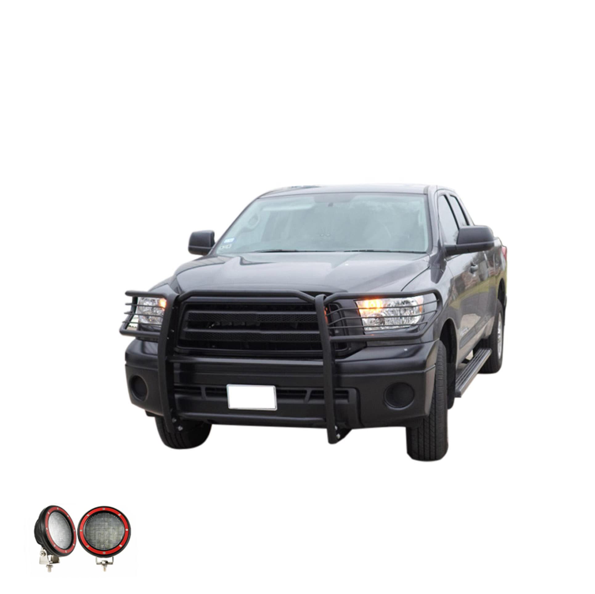 Bumper Guard Black Horse Grille Brush Modular Black Come with Pair of 5.3" Dia.LED Lights with Red Trim Rings Compatible with 2004-2006 Toyota Tundra-17TS27MA-PLFR