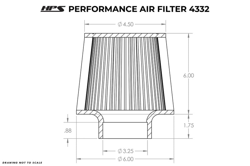 HPS 3.25" ID Performance Air Filter, 6.12" Element Length, 7.87" Overall Length, Gray, HPS-4332