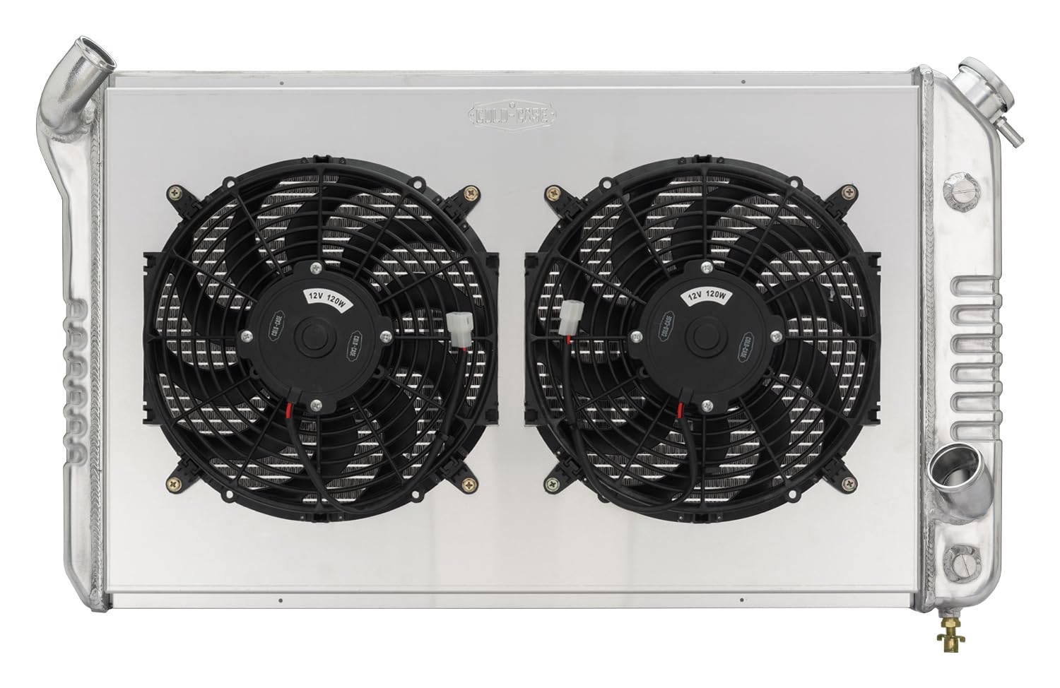 Radiator and Fan, Cold Case Radiators, 33.7 in W x 19 in H x 6.75 in D, Dual Fans, Driver Side Inlet, Passenger Side Outlet, Aluminum, Polished, compatible with Chevy Corvette 1973-76, Kit