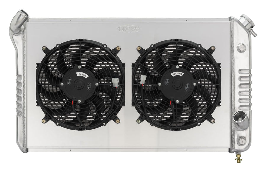 Radiator and Fan, Cold Case Radiators, 33.7 in W x 19 in H x 6.75 in D, Dual Fans, Driver Side Inlet, Passenger Side Outlet, Aluminum, Polished, compatible with Chevy Corvette 1973-76, Kit