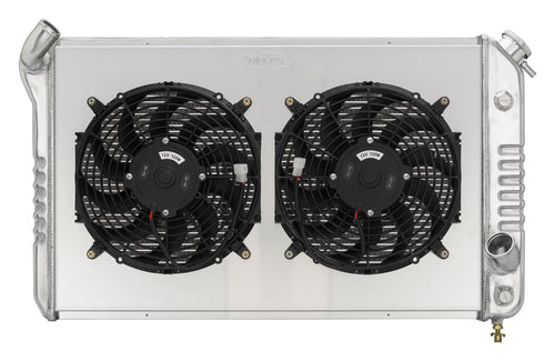 Radiator and Fan, Cold Case Radiators, 33.7 in W x 19 in H x 6.75 in D, Dual Fans, Driver Side Inlet, Passenger Side Outlet, Aluminum, Polished, compatible with Chevy Corvette 1973-76, Kit