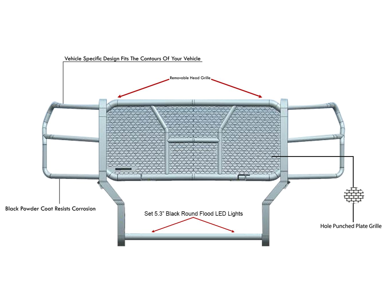 Heavy Duty Black Horse RUGGED Grille Brush Bumper Guard Modular Black Come with Pair of 5.3"LED Lights Compatible with 2011-2016 Ford F-250/Ford F-350/Ford F-450/Ford F-550 Super Duty-RU-FOF217-B-PLFB