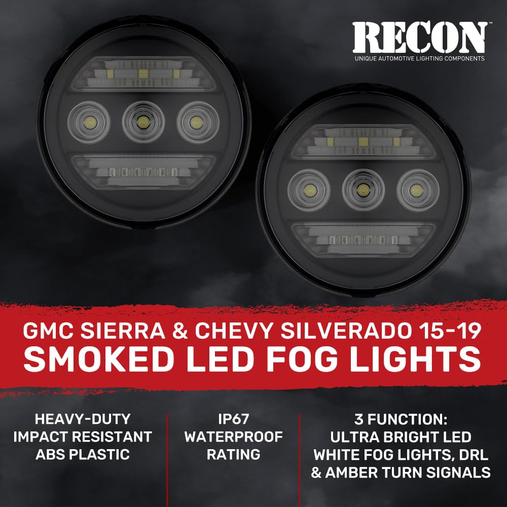 RECON - Premium Rugged Fits 2015-2019 GMC Sierra & Chevy Ultra Bright White LED 2-Pc Fog Lights, DRL & Amber Turn Signals - Smoked Lens