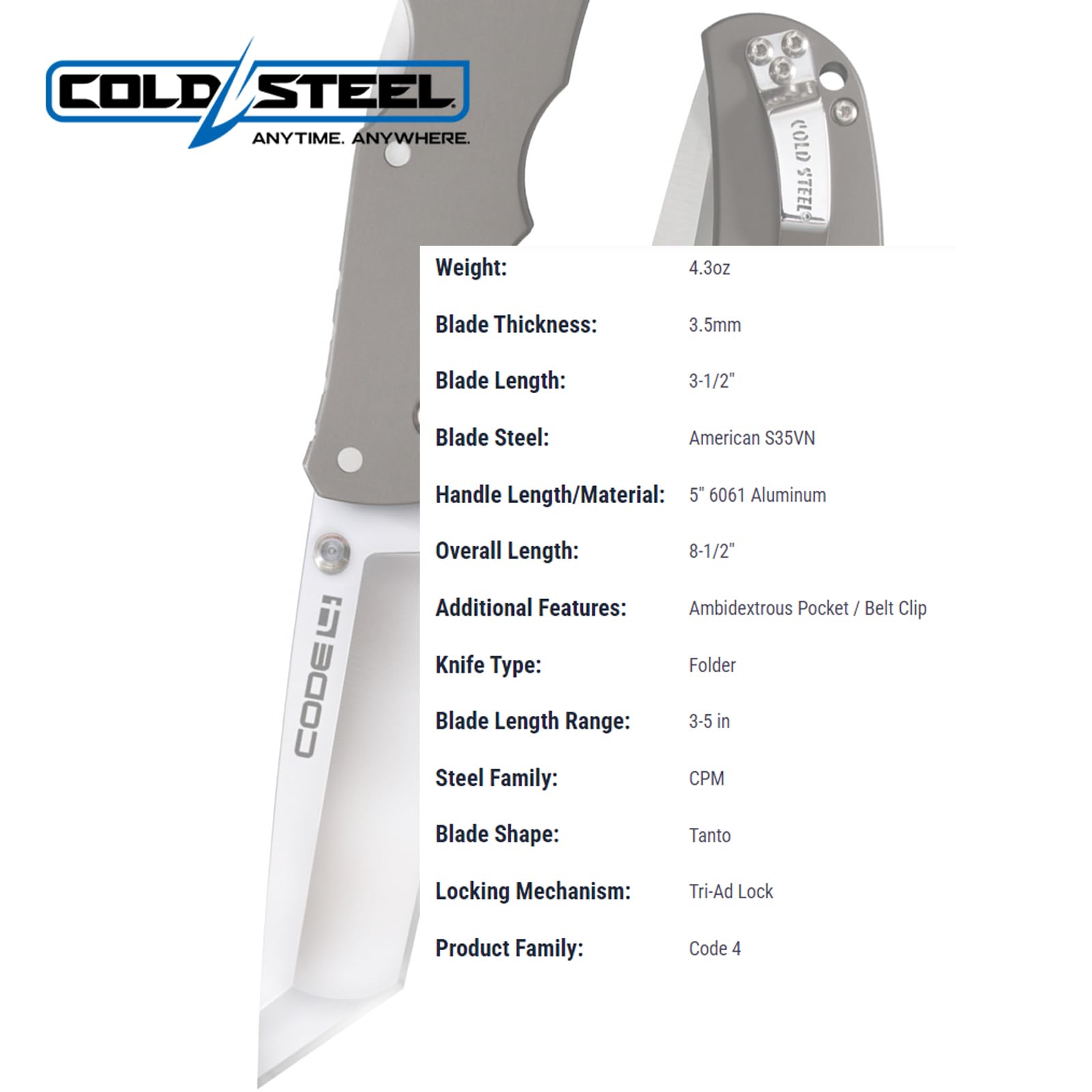 Cold Steel 3.5" Code 4 S35VN Razor-Sharp Tanto Point Blade 5" Aluminum Handle Folding Knife w/Tri-Ad Lock, Boxed