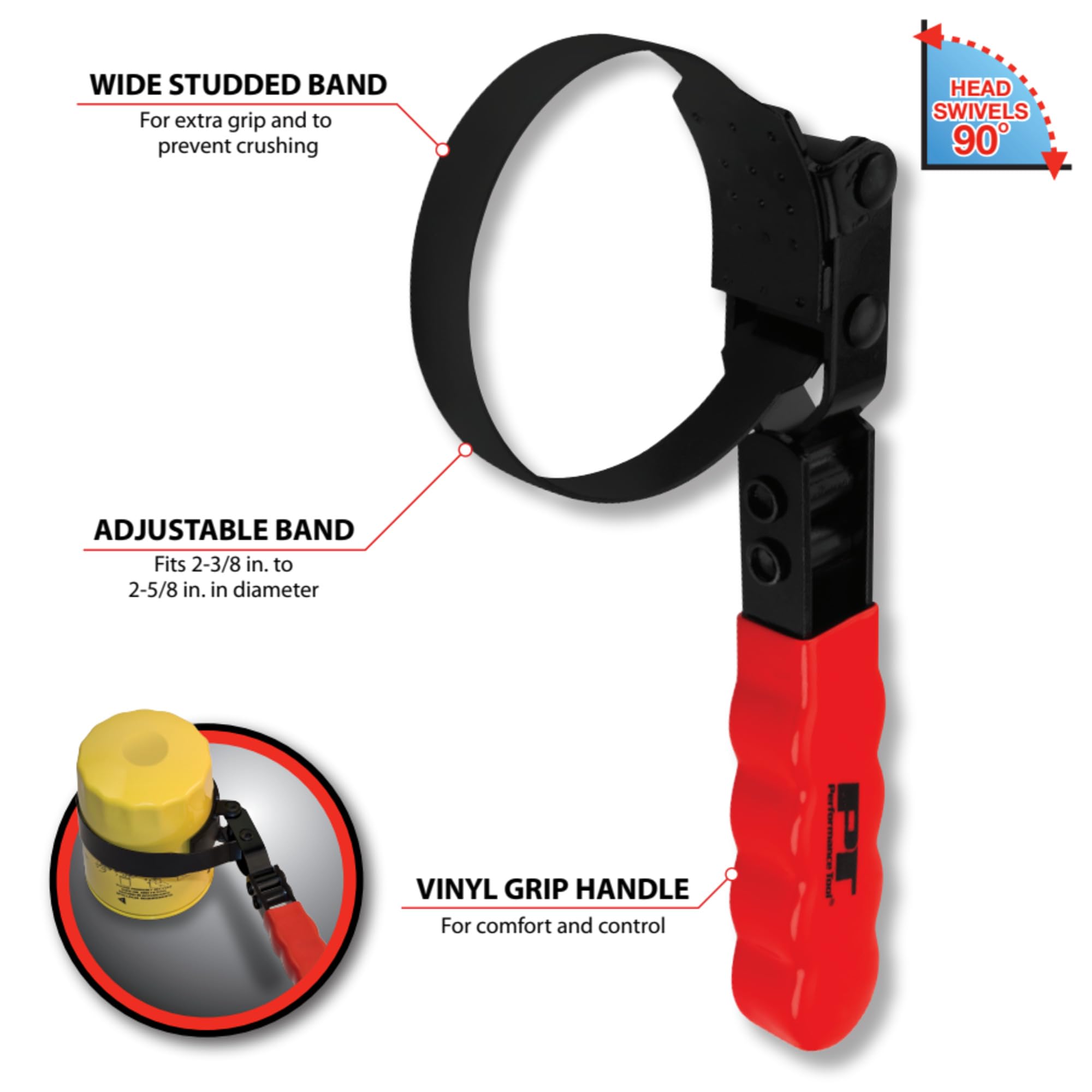 W54147 Performance Tool Oil Filter Wrench, Swivel Handle, Studded Steel Band, 2-3/8 in. to 2-5/8 in. (60mm to 67mm) Diameter, Black/Red