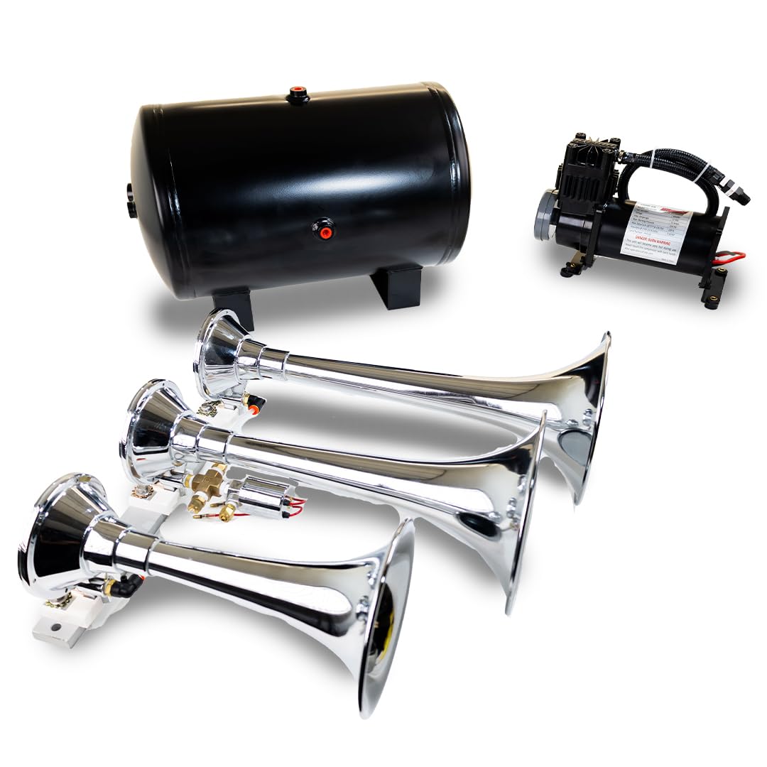 Kleinn Air Horns Complete HK8 Triple Train Horn System - Chrome