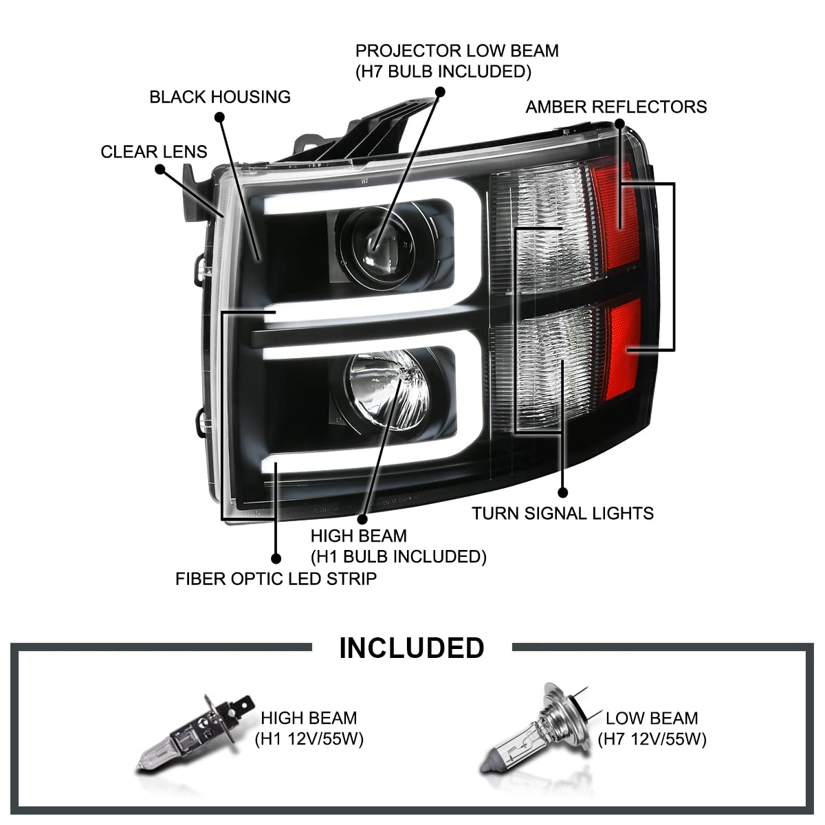Black LED Tube Projector Headlights SPEC-D TUNING Compatible with 2007-2013 Chevy Silverado 1500, 2007-2014 Chevy Silverado 2500HD / 3500HD, Left + Right Pair Headlamps Assembly