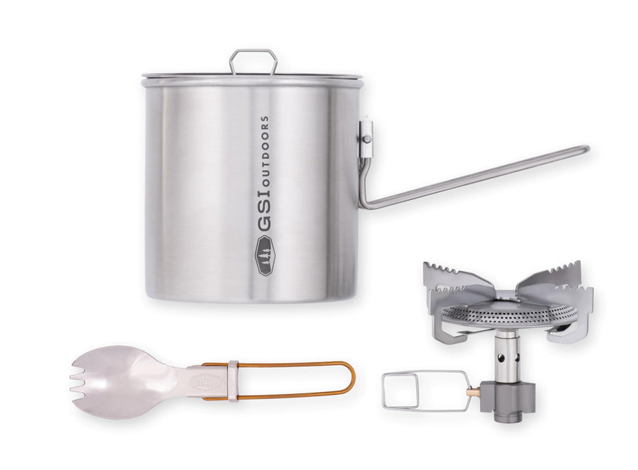 GSI Outdoors Explorer Set Glacier Stainless, Compact Stainless Steel Cookset with Pot, Frypan, Cup, and Bowl, Nesting Camping Cookware for Backpacking, Hiking & Outdoor Cooking