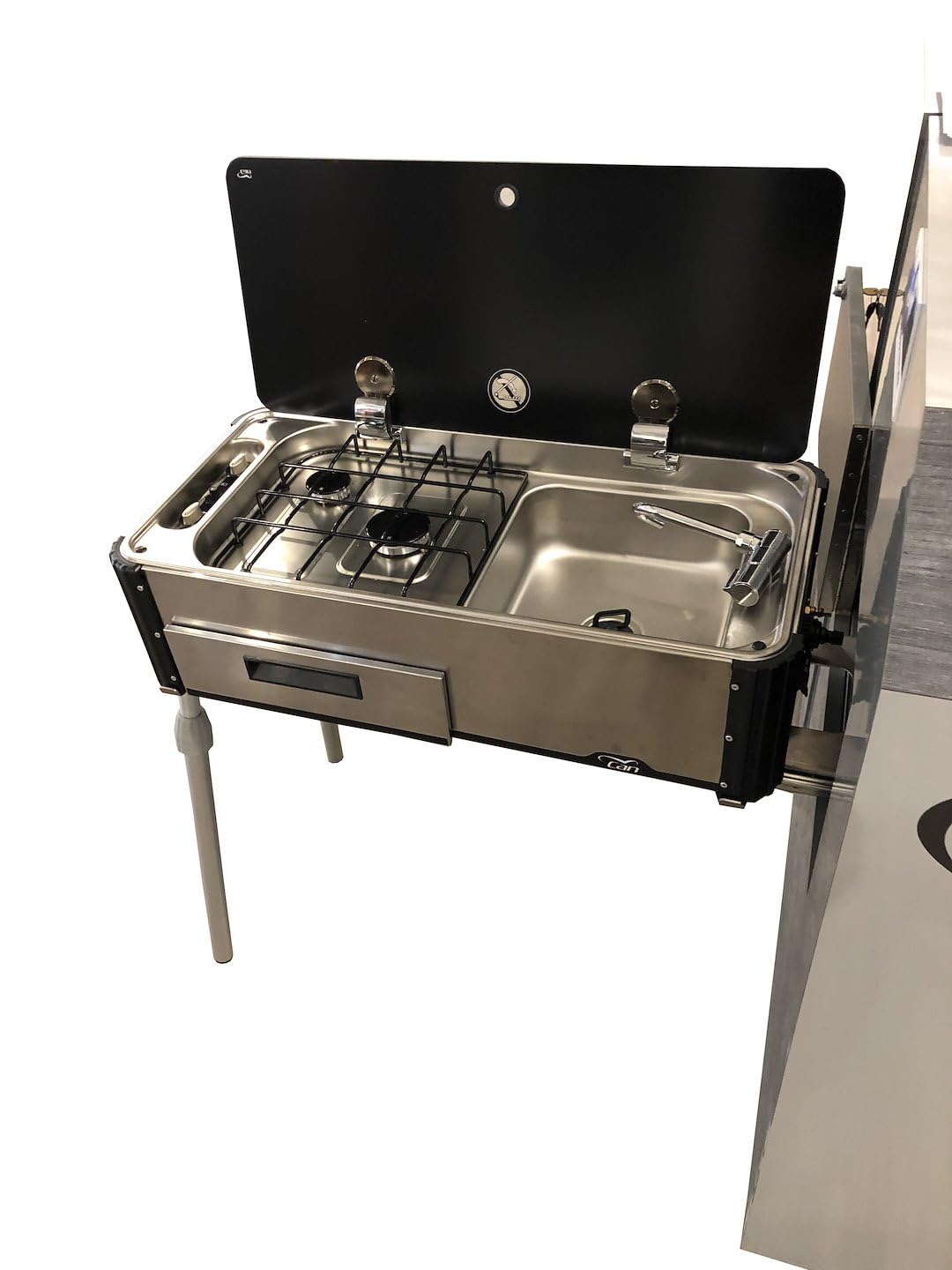 CAN Suburban RV Sink/Stove Combo, Stainless Steel Slide-Out Outdoor Kitchen with Glass Lid, Dual Burner Stove Top, Fold Down Spigot, Adjustable Legs, Easy-to-Clean RV Outdoor Kitchen (3250AST)