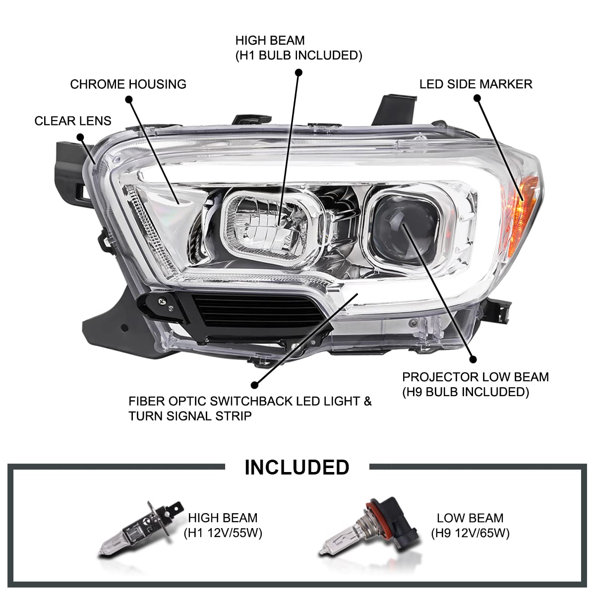 Chrome Projector Headlights SPEC-D TUNING w/Switchback LED Tube Signal Compatible with 2016-2023 Toyota Tacoma, Left + Right Pair Headlamp Assembly