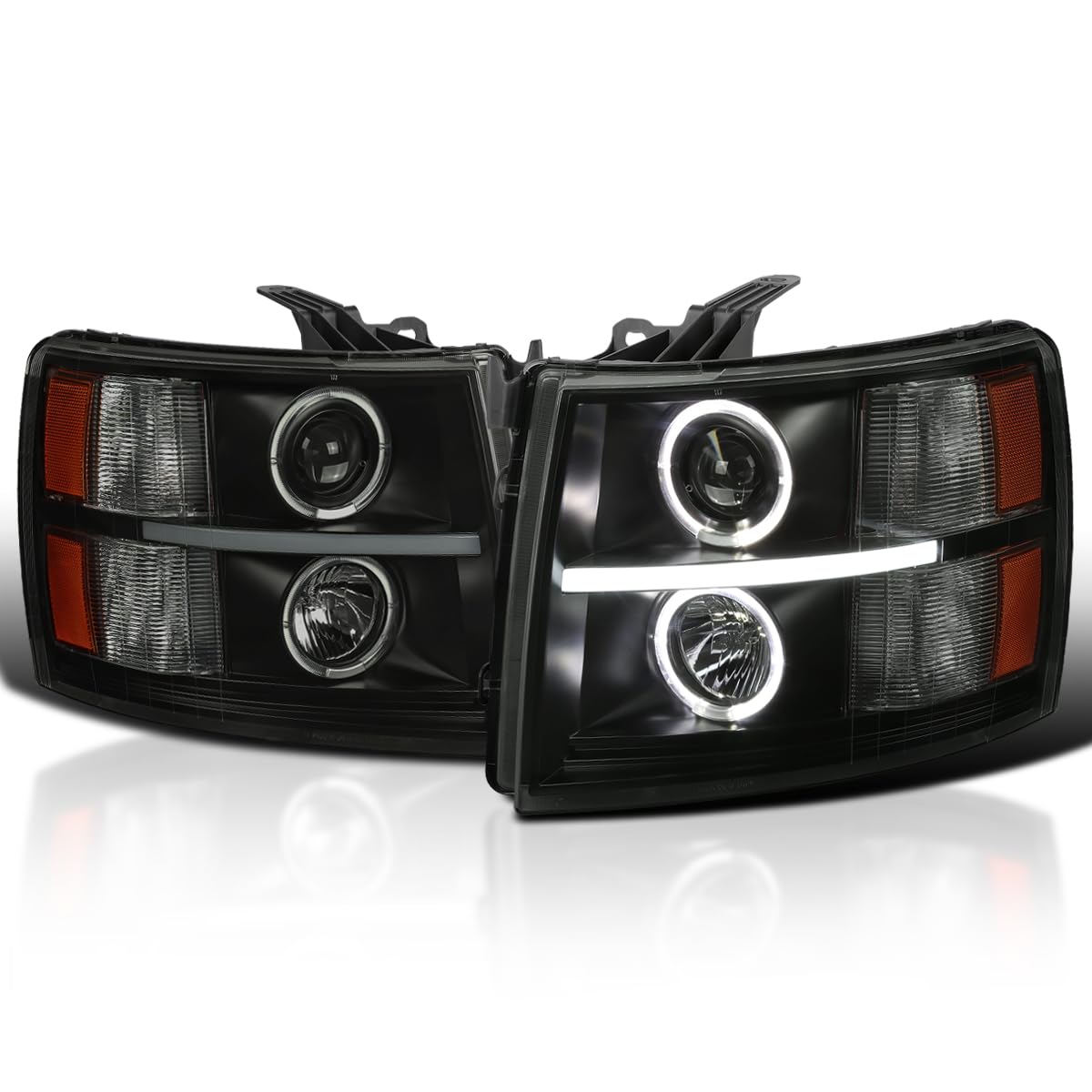 Black Smoke LED Dual Halo Projector Headlights SPEC-D TUNING Compatible with 2007-2013 Chevy Silverado 1500, 2007-2014 Silverado 2500 3500, Left + Right Pair Headlamps Assembly