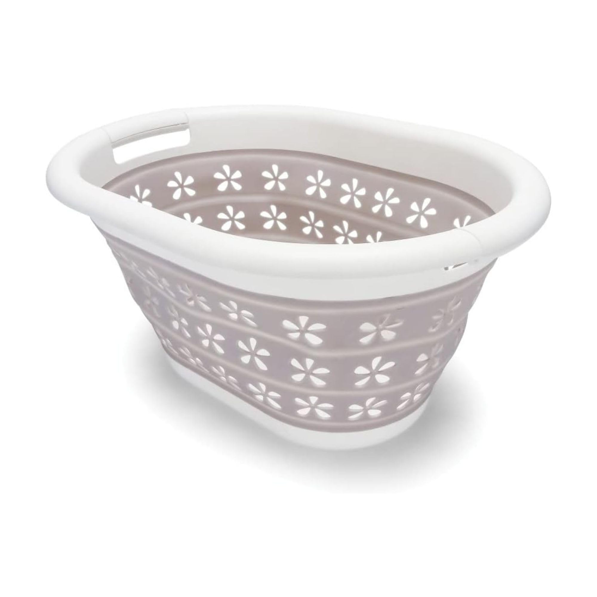 Collapsible Camco Laundry Basket | Features Simple Pop-Open & Collapse-Down Design | Waterproof for Easy Clean-Up | Measures 14.5” x 19.75” x 2.5”/10” Collapsed/Expanded, Taupe & White (51951)