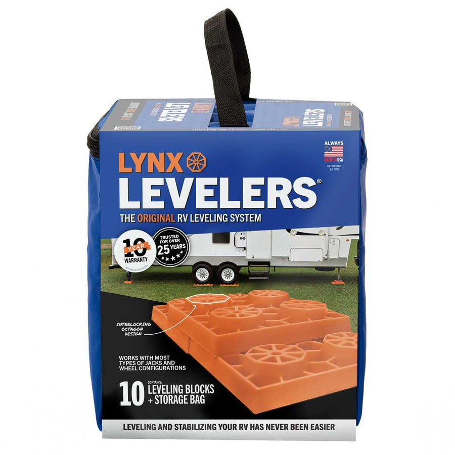 Lynx Tri-Lynx Levelers RV/Trailer/Motorhome/Vanlife interlocking Leveling Blocks with Nylon Storage Bag for most Leveling and Stabilizing functions. 10 Pack, Orange, 00015, Made in USA.