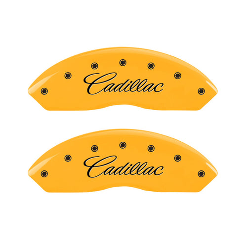Brake Caliper Covers MGP - Compatible with 2017-2020 Cadillac XT5, 2020 XT6 (Requires 18"+ Wheels) Powder-Coated Finish, 4 PCS Front and Rear (Yellow - Cadillac Cursive Engraving)