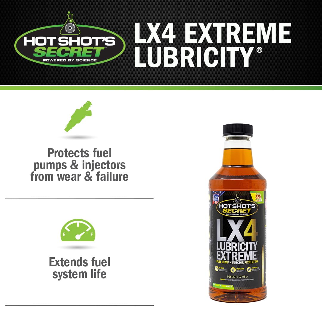 LX4 Hot Shot's Secret Lubricity Extreme – 32 Fl Oz - Fuel System Protection – Lubricates and Protects Fuel Pump and Injectors – Prevents Wear and Damage – For Gasoline or Diesel Engines