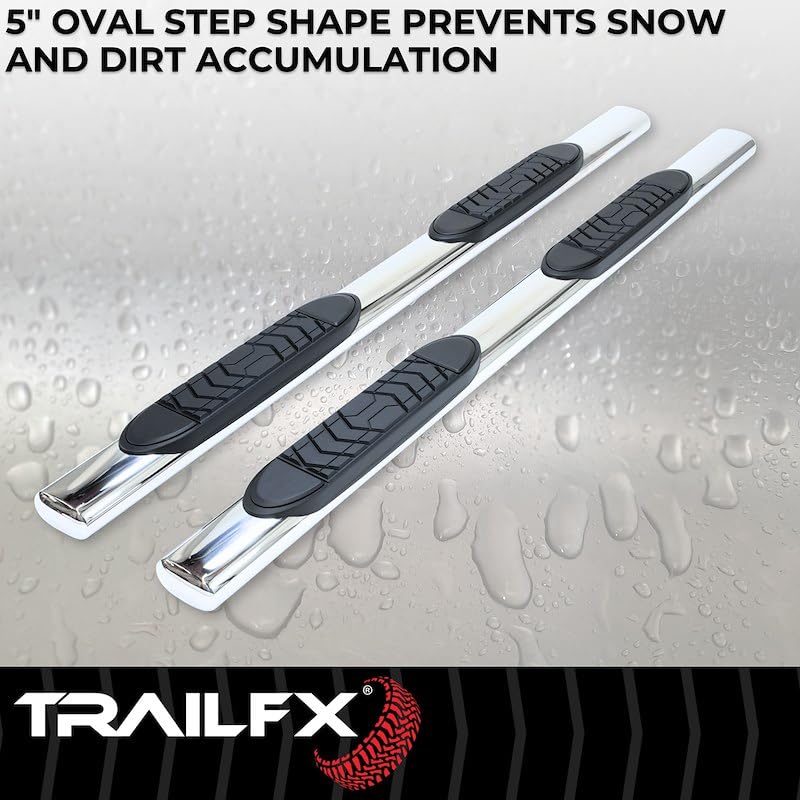 Nerf Bar TrailFX Fits Ford F-250 Super Duty Crew Cab 1999-2016 5-Inch Oval Straight Polished Stainless Steel with Slip-Resistant Step Pads Rocker Panel Mount Set of 2 Running Boards A7015S TrailFX