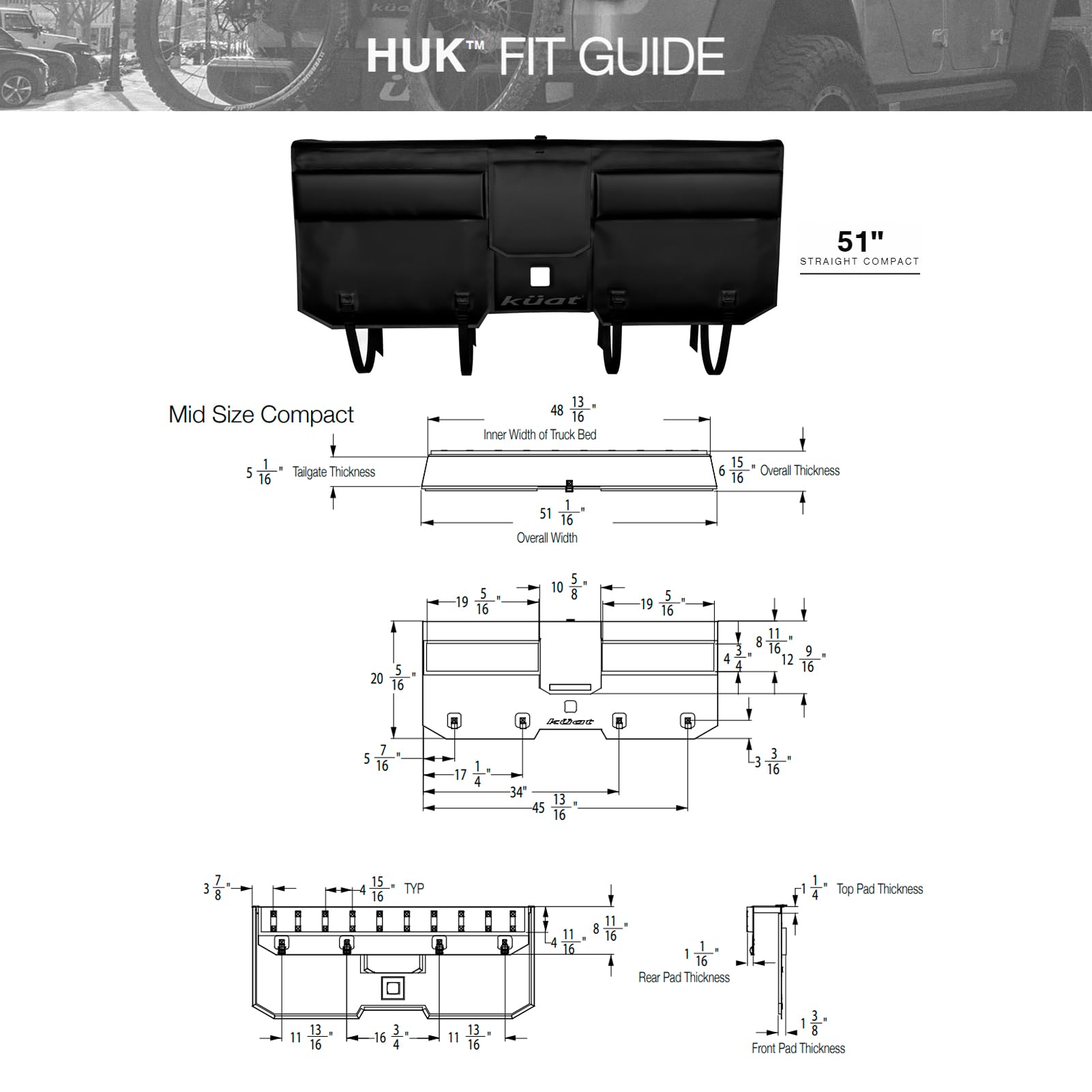 KUAT 51" HUK Straight Durable Soft-Touch TPU Padded Pickup Truck Tailgate Bike Hauling Transportation Easy-Access Protective Pad w/Nylon Straps, Metal G-Hook Buckles & Roll-Up Window, Black