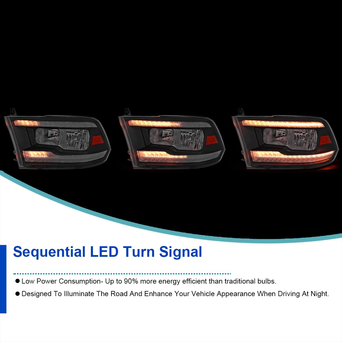 Switchback SPEC-D TUNING Black Sequential LED Signal Strip Headlights w/Startup Animation Compatible with 2009-2018 Dodge Ram 1500, 2010-2018 Ram 2500 3500, Left + Right Pair Headlamps Assembly