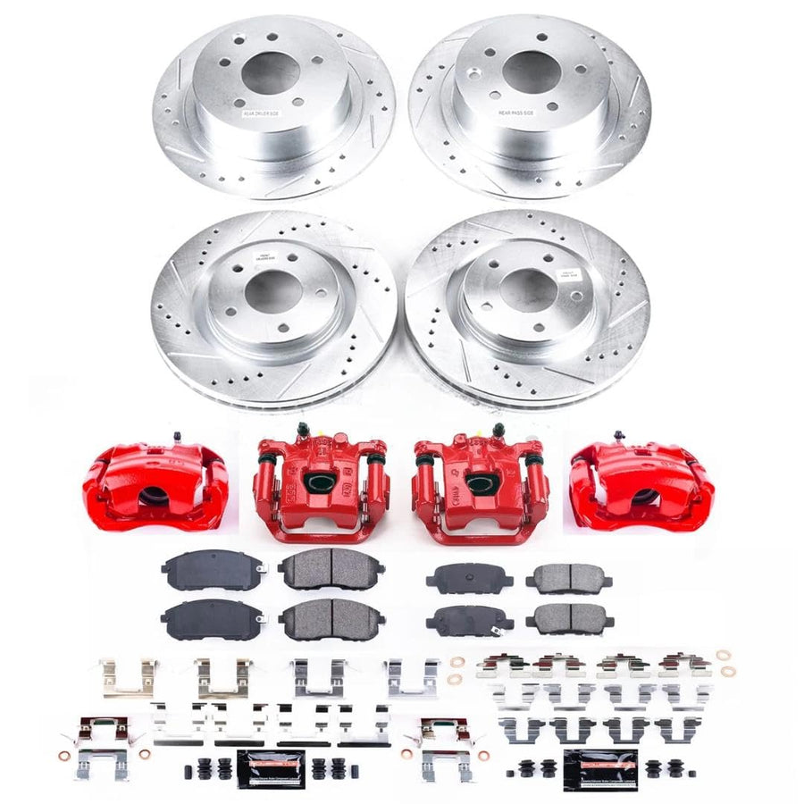 Power Stop Z23 Brake Pads and Rotors Front and Rear Brake Kit with Red Powder Coated Calipers For Nissan Juke 2011-2017 [Application Specific]