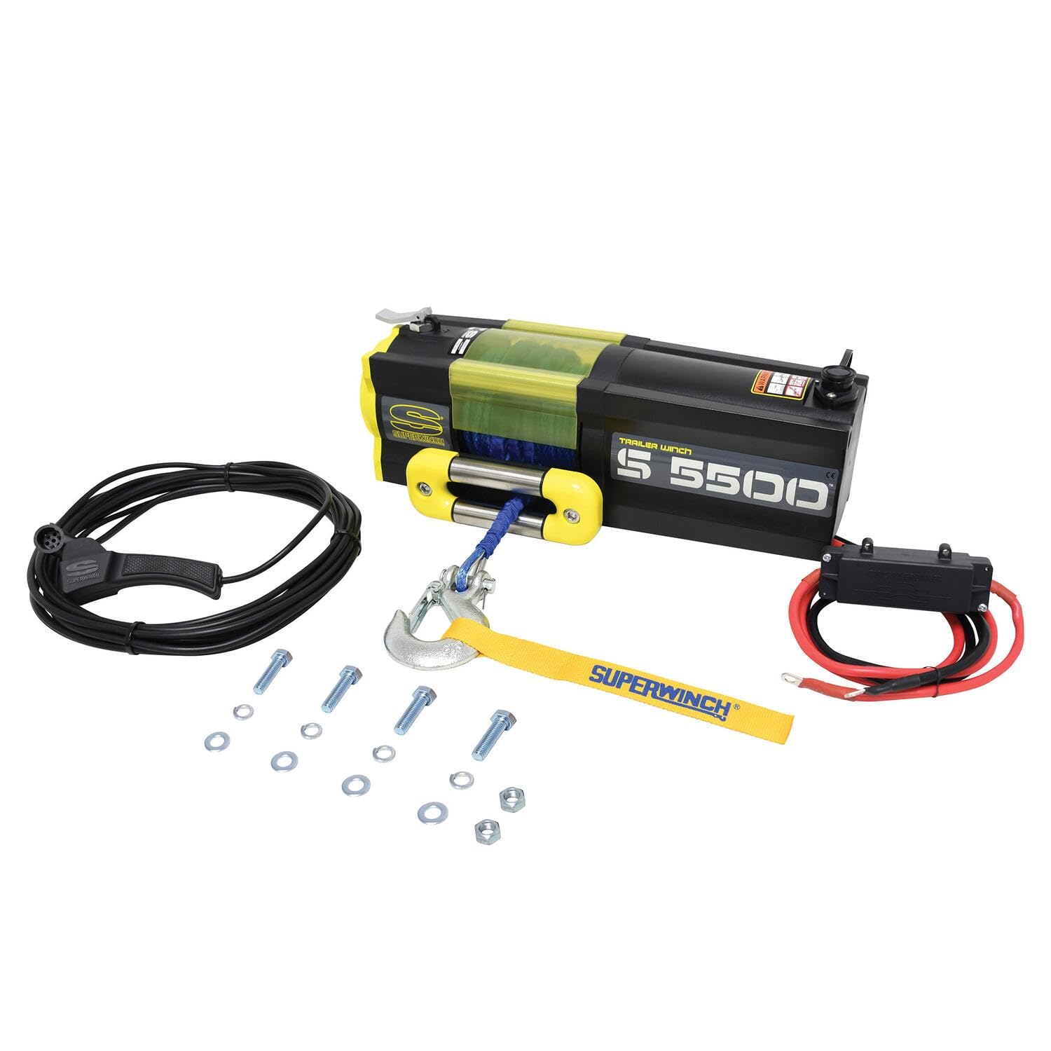 S5500SR Superwinch 1455201 Trailer Winch 5500lb(2495kg) Single Line Pull with Roller Fairlead 1/4" x 60' Synthetic Rope 30.5ft Corded Handheld Remote