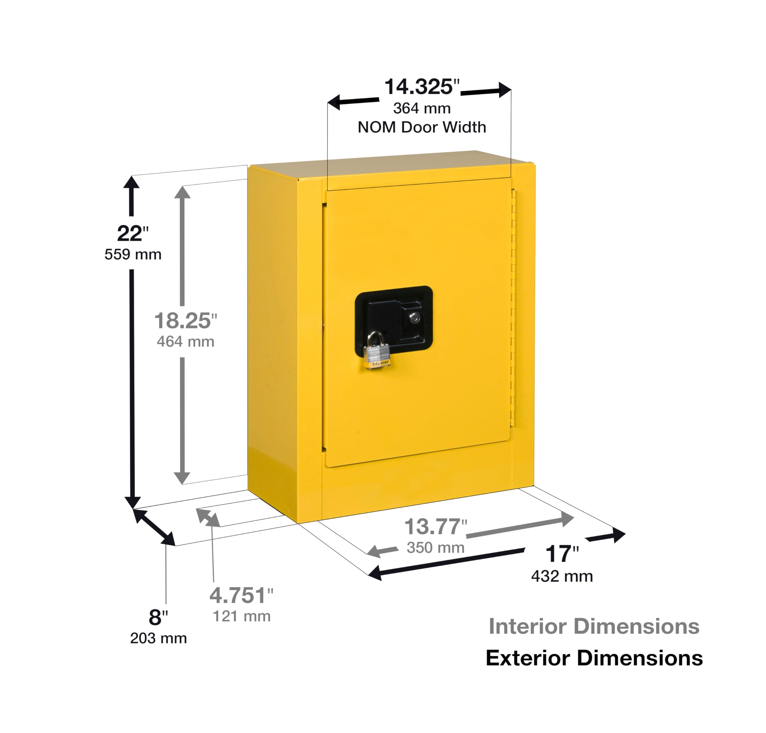 Justrite 2 Gallon Countertop Manual Close Flammable Storage Cabinet, 18 Gauge Steel, 1 Shelf, 1 Door Fire Cabinet, 22" x 17" x 8, Made in The USA, Yellow, 890200