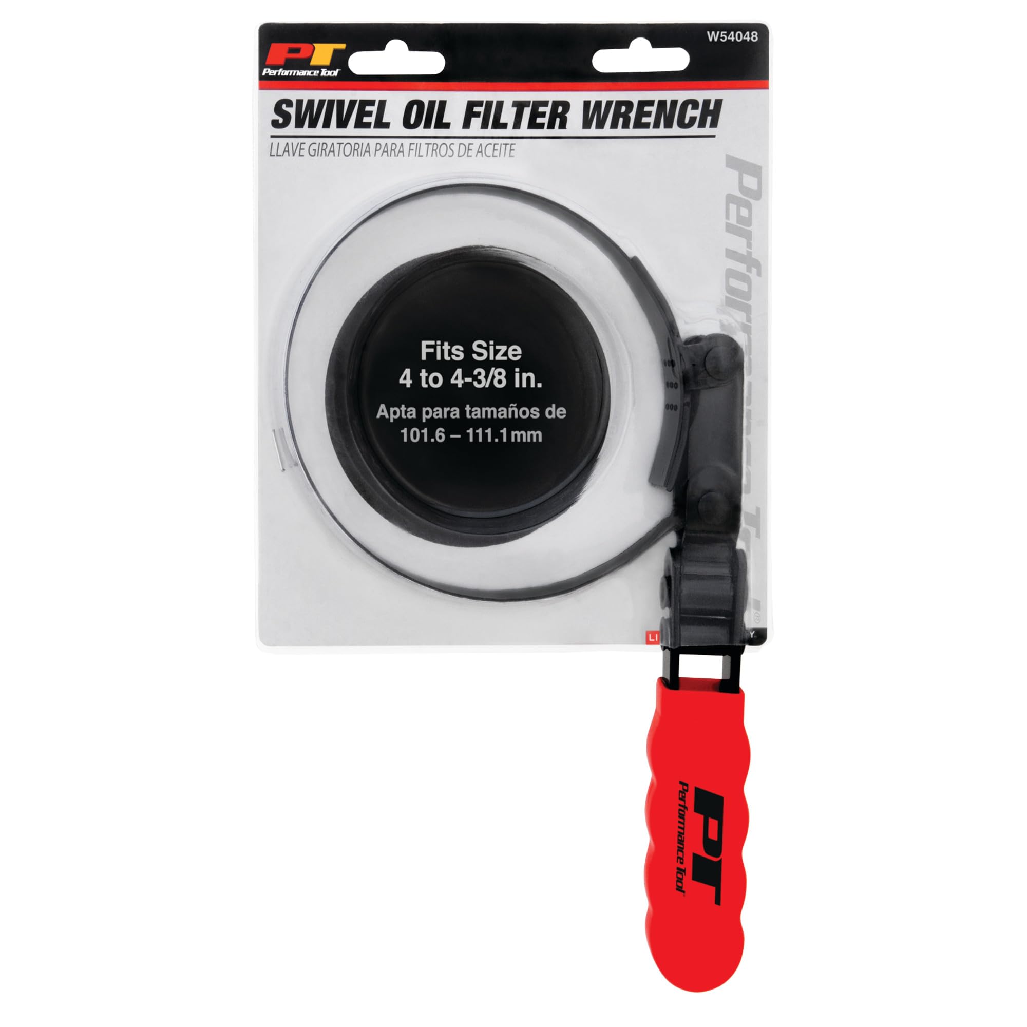 W54048 Performance Tool Swivel Handle Oil Filter Wrench for 4 to 4 3/8-Inch Filters with Studded Band and Vinyl Grip Handle
