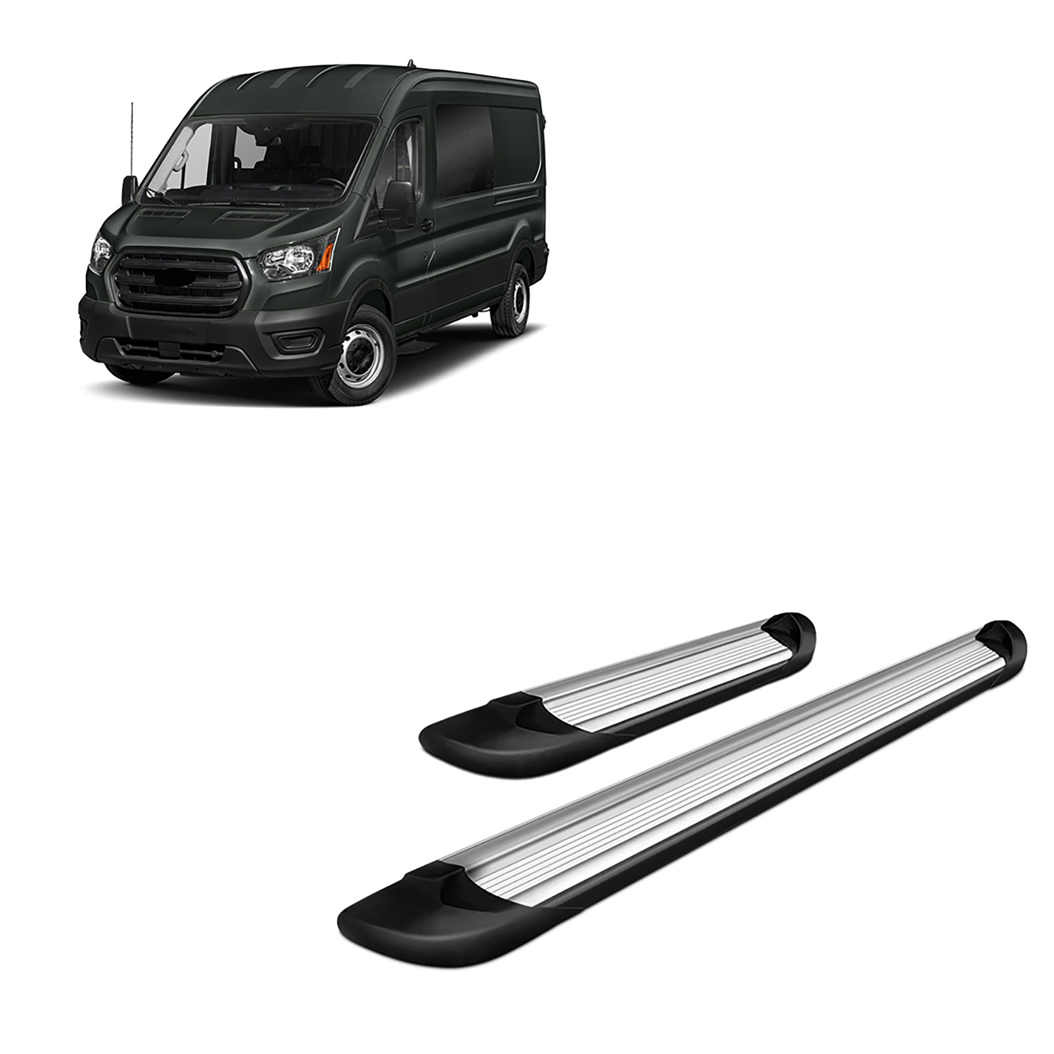 Transporter Running Boards Silver Black Horse Compatible with 2015-2024 Ford Transit-150 (Excl. 2022-24 E-Transit)-TR-F63596S